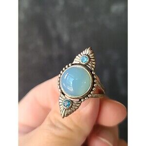 925 Sterling Silver Chalcedony And Rhinestone Ring SIZE US 7 Vintage